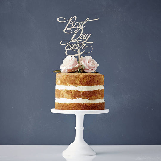 Elegant 'Best Day Ever' Wooden Wedding Cake Topper