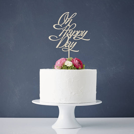 Elegant 'Oh Happy Day' Wooden Wedding Cake Topper