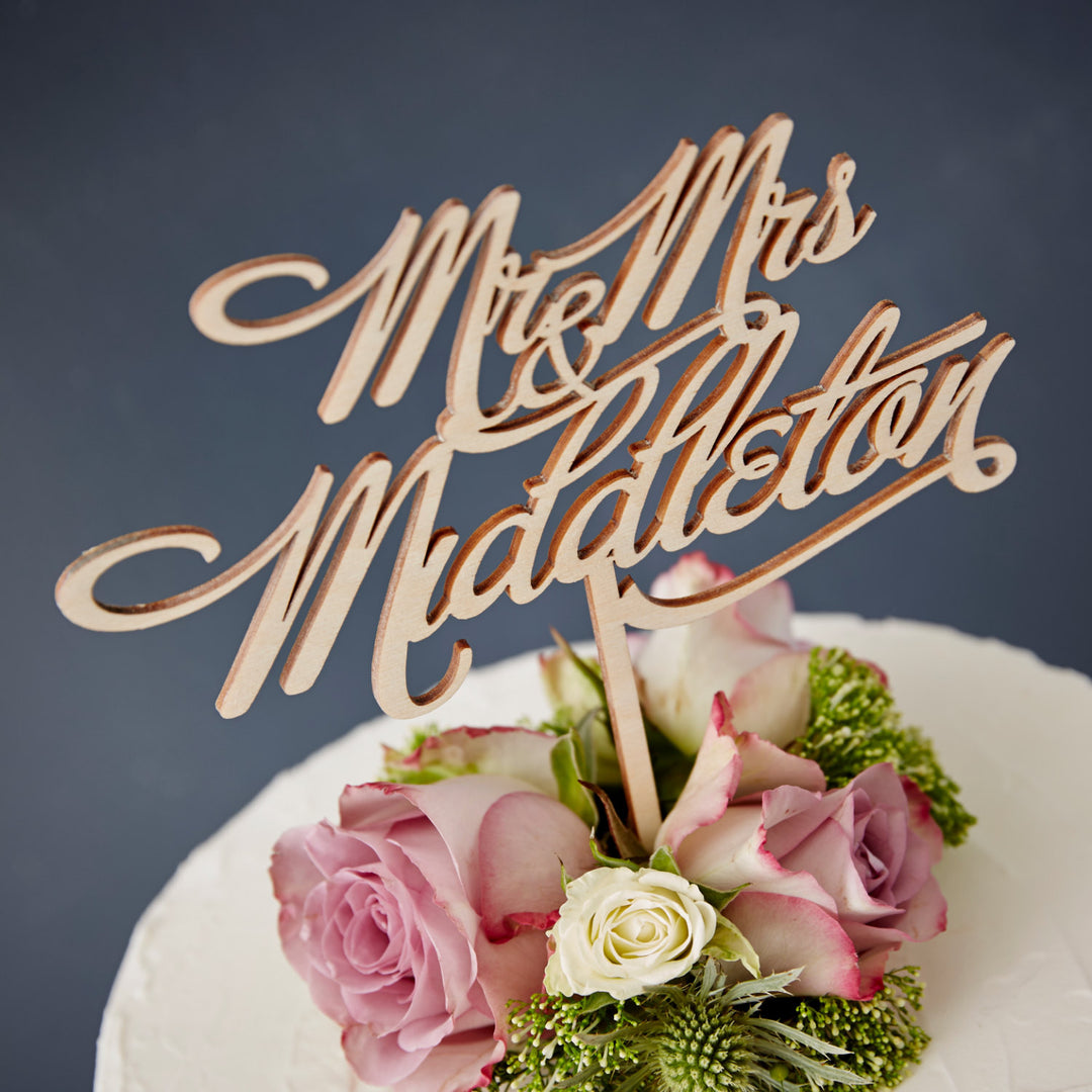 Personalised Mr And Mrs Elegant Wooden Cake Topper