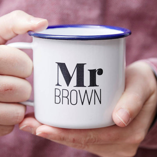 Personalised Enamel Mr And Mrs Mug