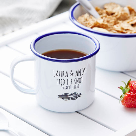 Personalised Enamel 'Tied The Knot' Mug